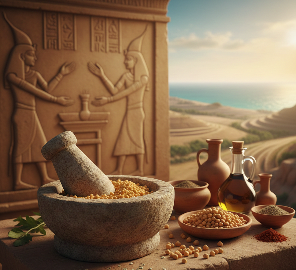 מכתש ועלי מאבן עם גרגירי חומוס ושמן זית על רקע תבליט מצרי עתיק – ההיסטוריה של החומוס.