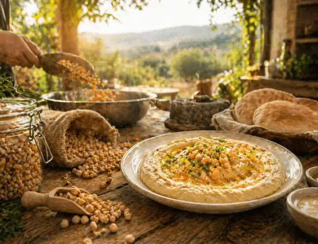 חומוס עבודת יד עם גרגרי חומוס ומסבחה, מוגש על שולחן עץ עם פיתות בצד.