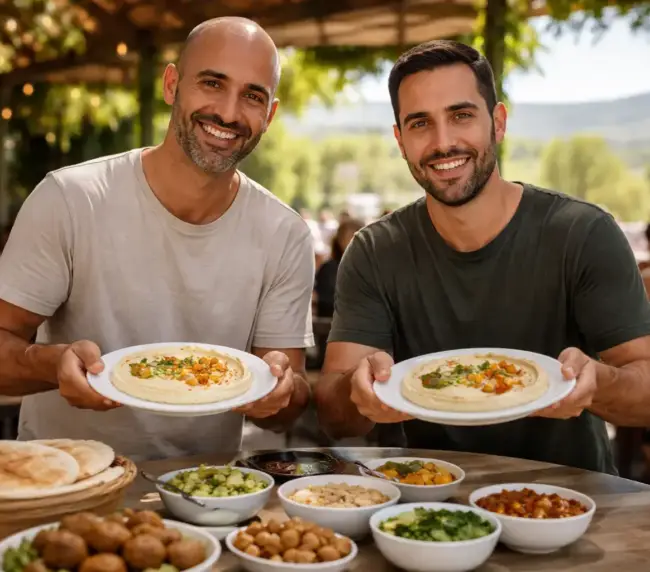 שני גברים מחזיקים צלחות חומוס ליד שולחן מלא במגוון מנות מהחומוסייה בגליל.
