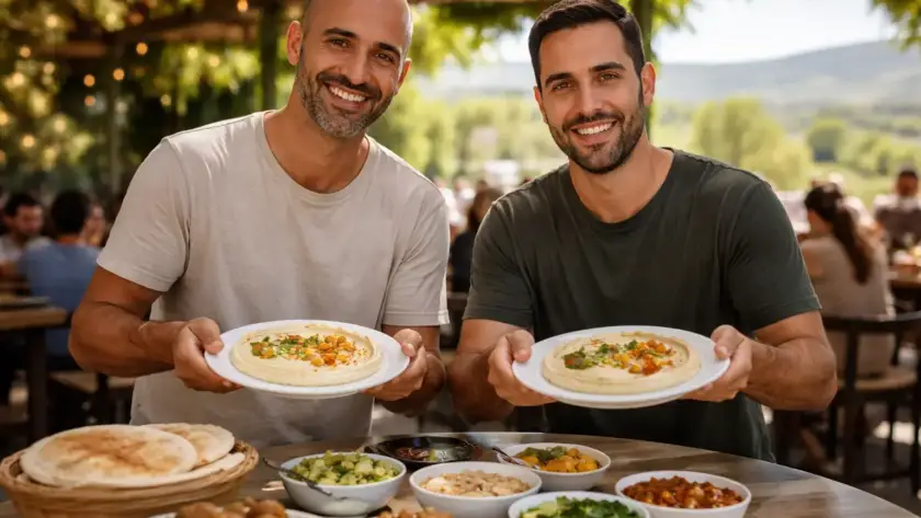 שני גברים מחזיקים צלחות חומוס ליד שולחן מלא במגוון מנות מהחומוסייה בגליל.