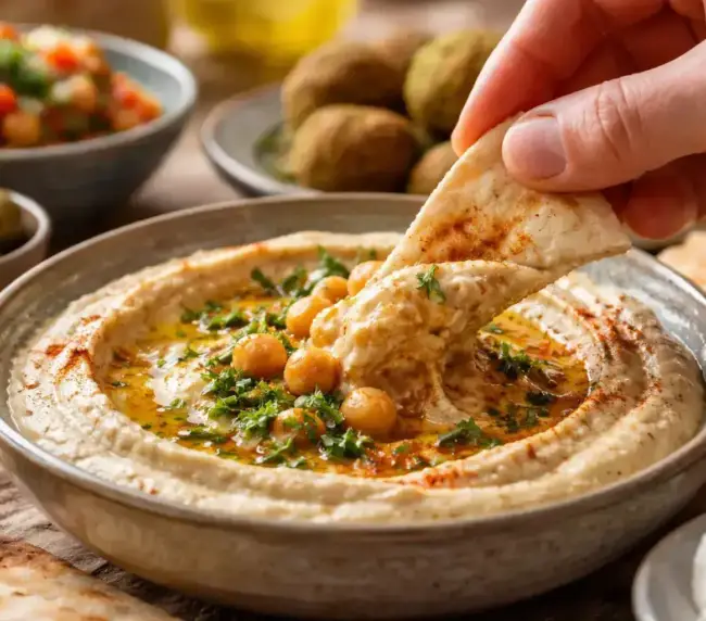 חומוס הבוטקה מוגש עם פיתה, פול, מסבחה וירקות טריים, מוכן בעבודת יד.