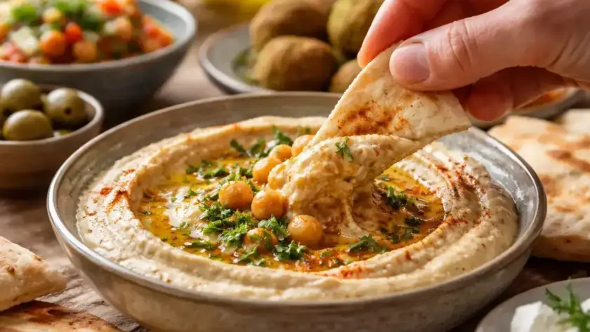 חומוס הבוטקה מוגש עם פיתה, פול, מסבחה וירקות טריים, מוכן בעבודת יד.