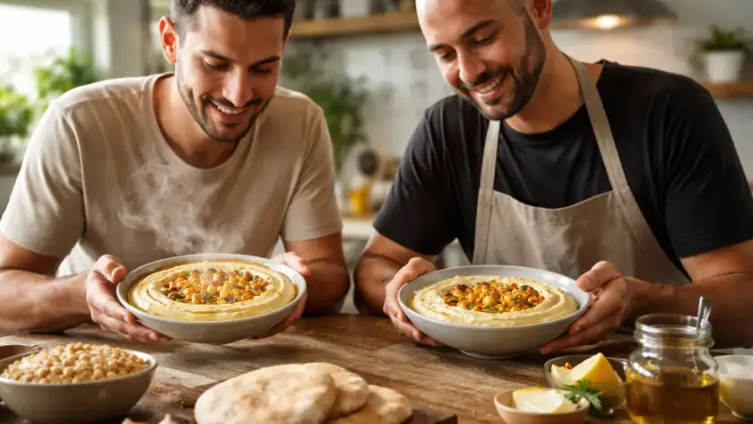שני גברים מחזיקים קערות חומוס חם, לידם פיתות, גרגרי חומוס ושום, במטבח ביתי.