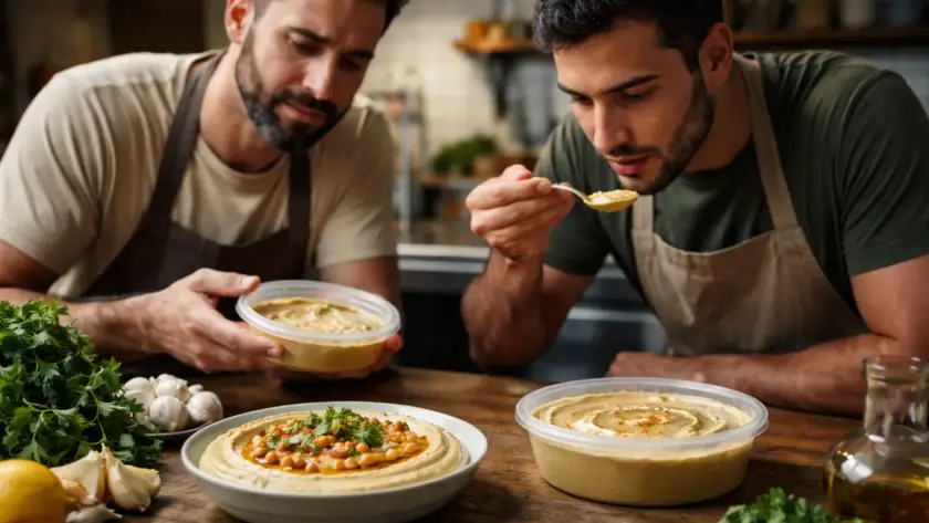 טועמים חומוס עבודת יד במסבחה, עם רטבים ותוספות, במטבח חומוסייה בגליל.