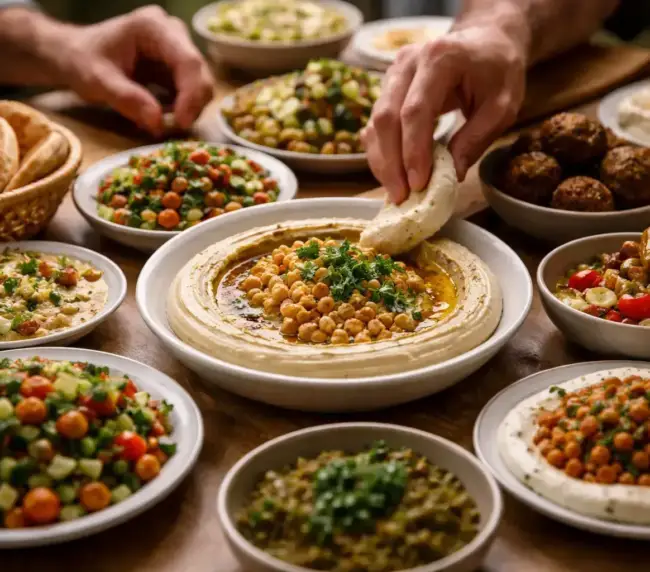 חומוס עבודת יד עם תוספות שונות וטריות, מוגש לצד פיתות חמות וחומוס פול.