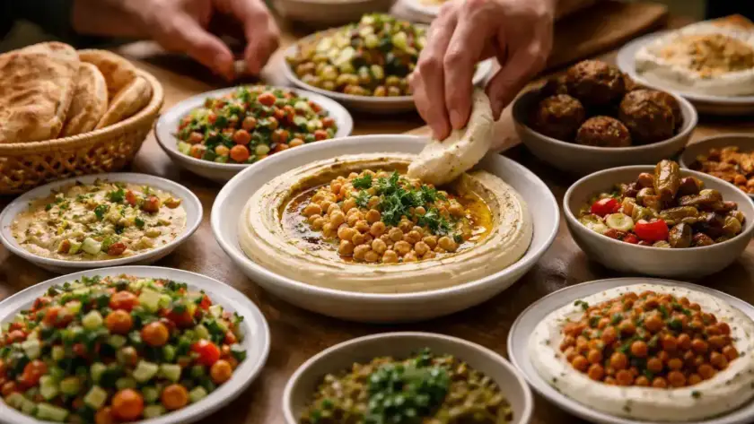 חומוס עבודת יד עם תוספות שונות וטריות, מוגש לצד פיתות חמות וחומוס פול.