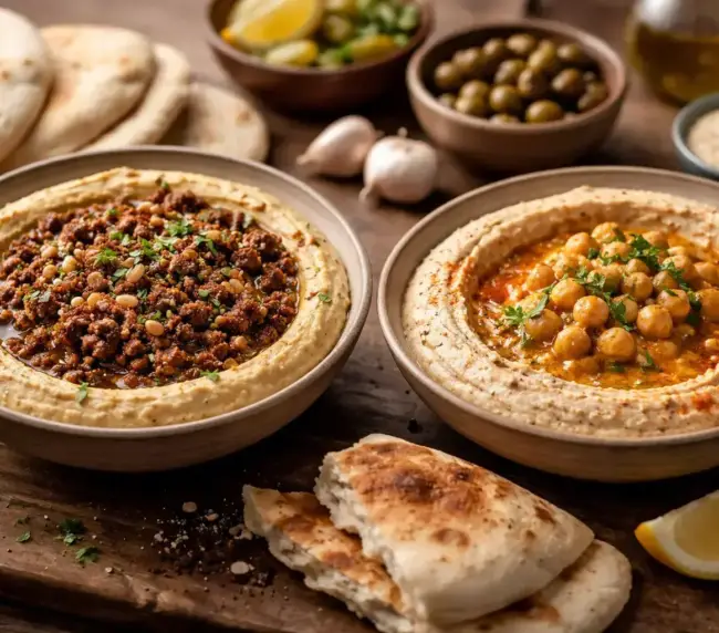צלחת חומוס עם בשר טחון וחומוס פול, ליד פיתה, לימון ושום. חומוסייה מומלצת בגליל.