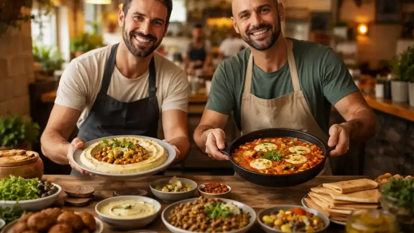 שני גברים מחייכים מציגים חומוס עבודת יד ומאכלים נוספים בחומוסייה בגליל.