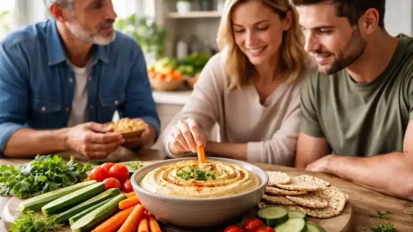 שלושה אנשים נהנים מחומוס בעבודת יד עם ירקות טריים ולחם, חומוסייה מומלצת בגליל.