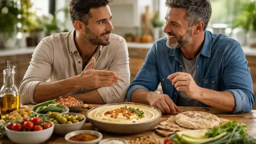 שני גברים נהנים משיחה ליד שולחן עם חומוס, ירקות ולחם, אווירה נעימה וחברית.