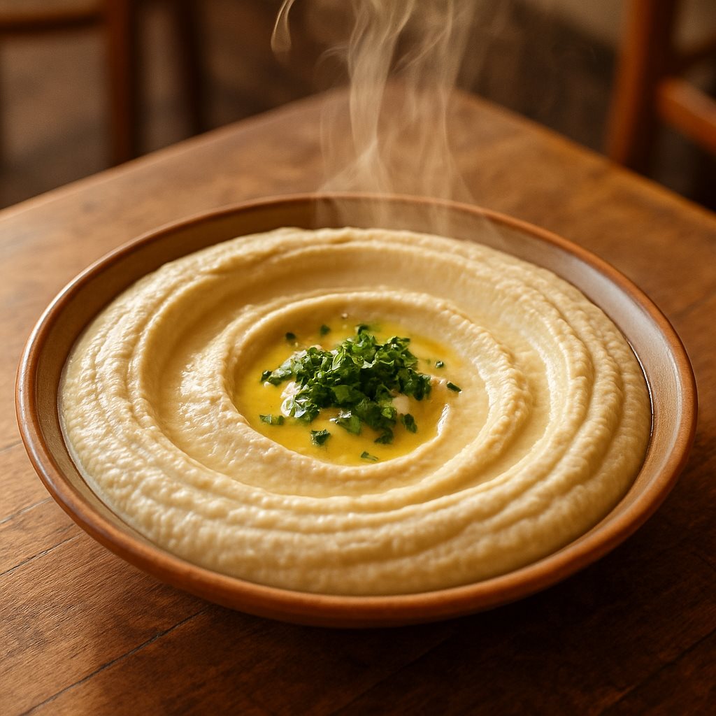 מנת חומוס חמה במרקם קרמי בחומוסיה בצפון