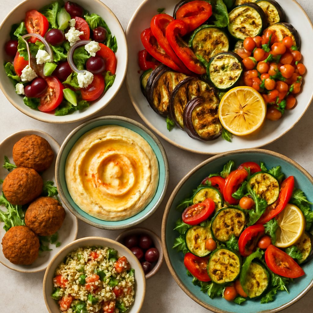 מבחר מנות ללא גלוטן - סלטים, ירקות וחומוס