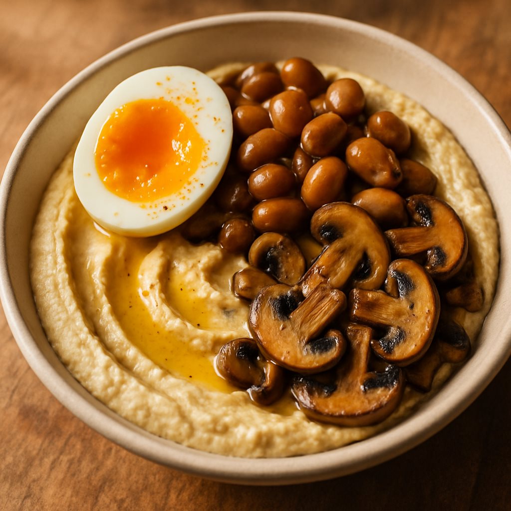 חומוס עם ביצה, פול ופטריות