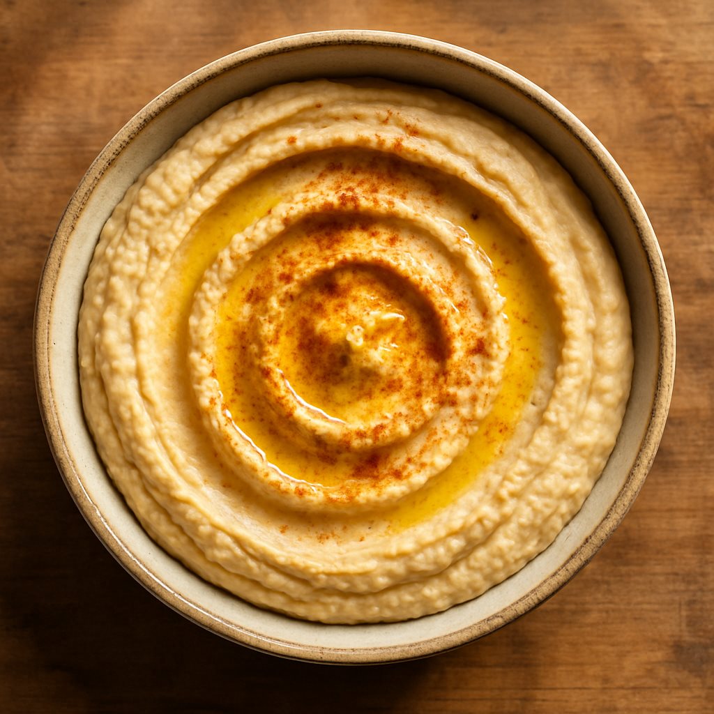 חומוס ביתי מוגש בקערה עם שמן זית ופפריקה