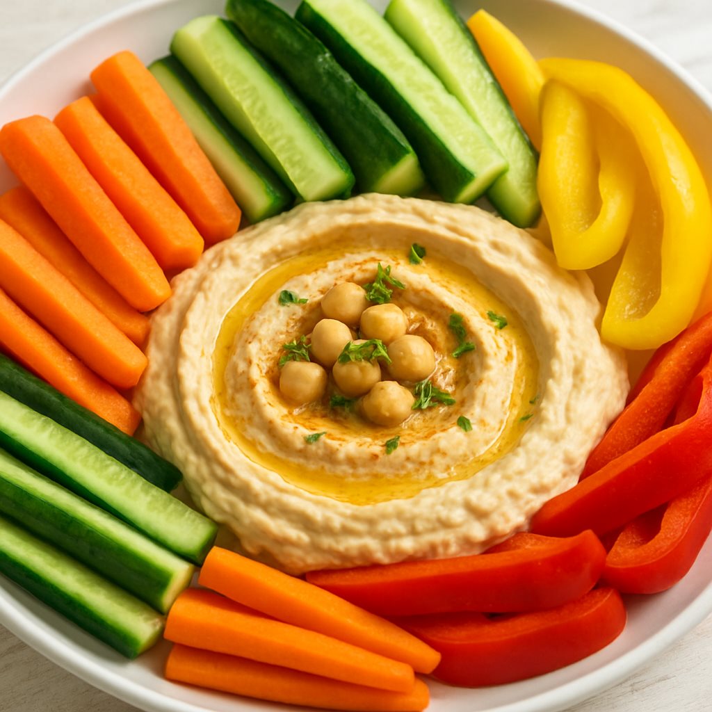 צלחת עם חומוס וירקות במקום פיתה