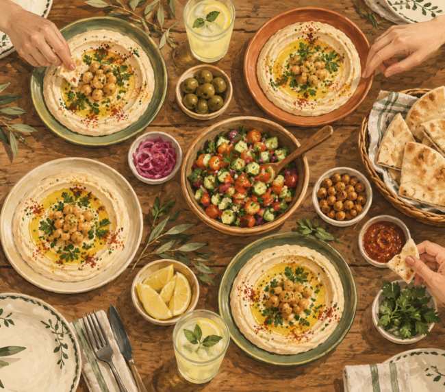 איור של ארוחת חומוס משותפת עם צלחות אישיות, סלט, פיתות ולימונדה סביב שולחן