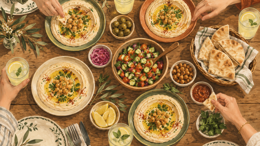 איור של ארוחת חומוס משותפת עם צלחות אישיות, סלט, פיתות ולימונדה סביב שולחן
