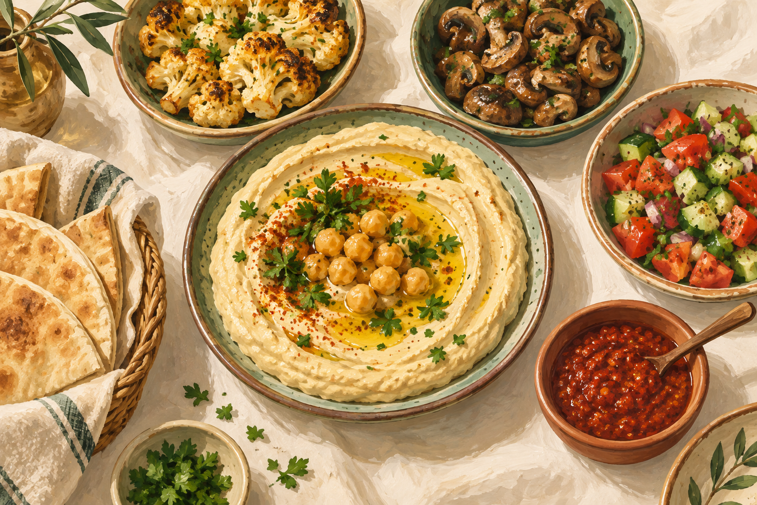 איור של צלחת חומוס לצד קעריות נפרדות של כרובית, פטריות, סלט ורוטב חריף